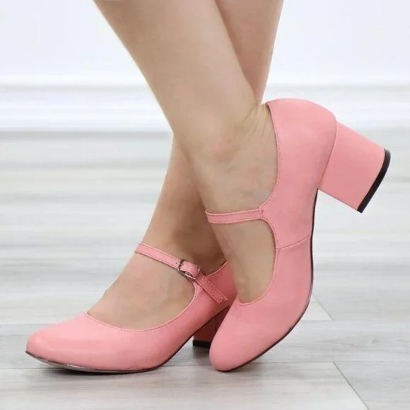 Peach Mary Jane Block Heel Rounded Toe Strap Buckle Retro Chic - Picture 9 of 10